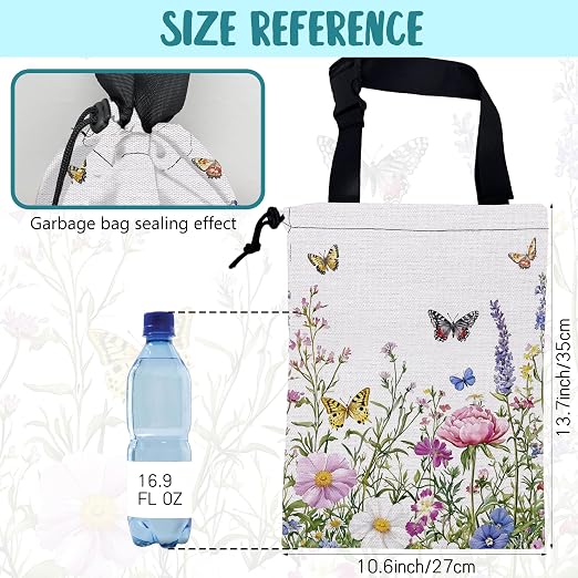 Car Garbage Bag Watercolor Butterfly Wildflower Drawstring Car Trash Bag Hanging for Back Seat with Adjustable Buckle Canvas Vehicle Trash Can Easy-to-Install