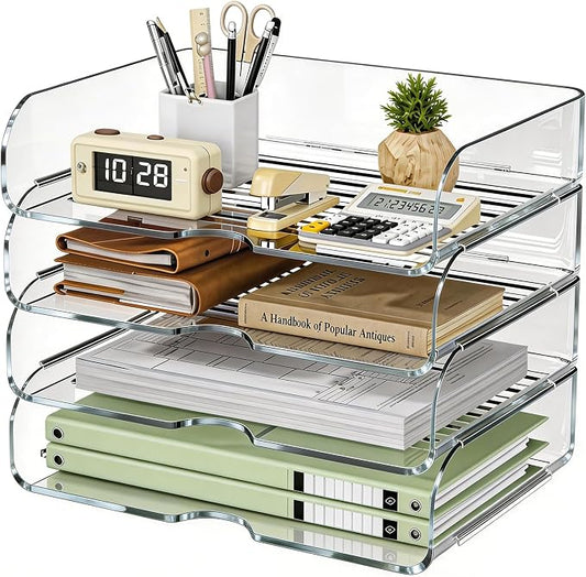 HIYOHIYO Clear Office Desk Organizer for A4 Letter Paper, 4 Tier Horizontal | Stackable | Large Capacity | Office Organization for File Folder | Desktop Paper Holder Workspace Organizer and Storage