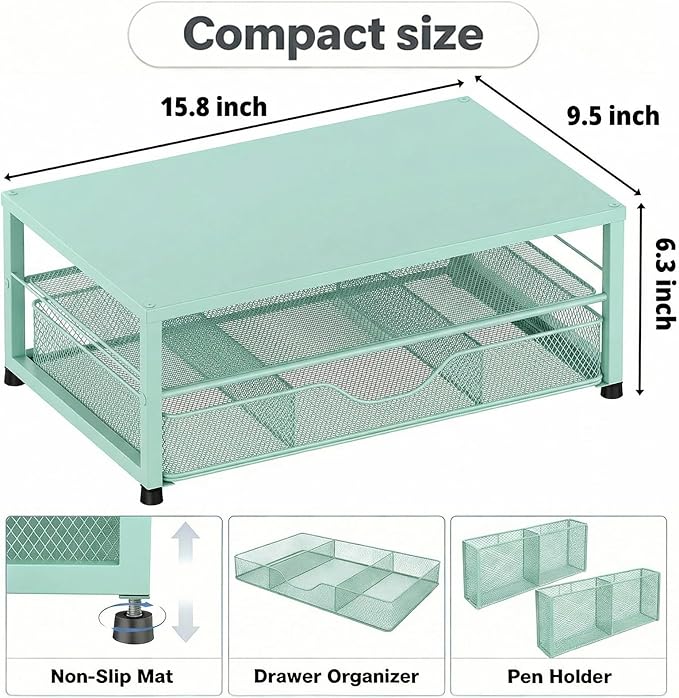 LEKETREE 2 Tier Monitor Stand, Computer Monitor Riser, Office Desk Accessories, Desk Organizer Desk Shelf Printer Stand, Green