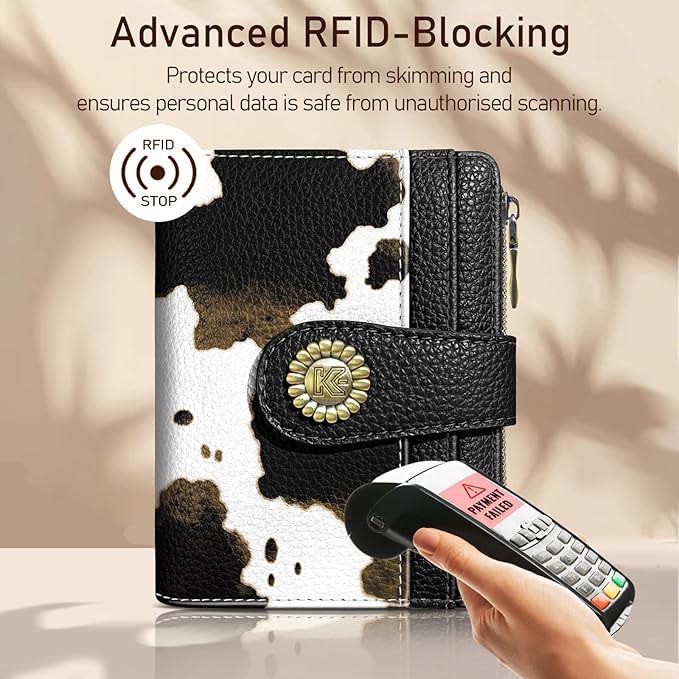 Kelvoris Cow Print Black Small Rfid Women Wallet Bifold Zipper Coin Pocket PU Leather Compact Cash Credit Card Holder Travel Wallet for Female Ladies Teen Girls 1 ID Window 10 Card Slots