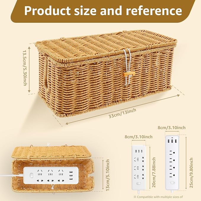 Cable Management Box with Lid, Handwoven Imitation Rattan Power Strip Hider Organizer for Computer Router USB Hub & Power Strip, Desktop Cord Organizer Box for Home Office DIY-Friendly Cord Management