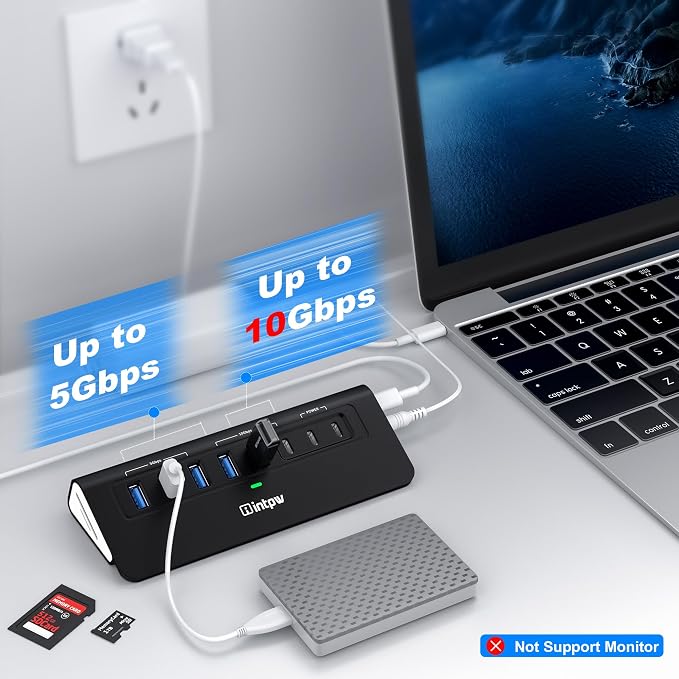 Powered USB Hub 10Gbps, Intpw YH6AC Plus 10 Port USB 3.2 Hub(USB A/USB C 3.2+3 USB-A 3.0+2 PD 45W Fast Charging Port+SD/TF Card Reader), 65W Power Adapter,Aluminum USB HUB for PC,Laptop,iPhone 17/16