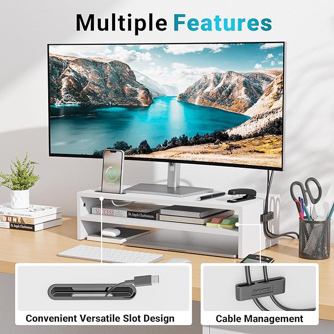 BONTEC Wood Monitor Stand Riser, 2-Tier Desktop Organizer with Storage, Ergonomic Computer Stand for Desk, Cable Management, Cellphone Holder, 21.3 Inch Shelf, White