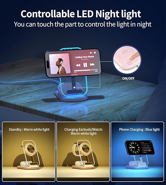 3 in 1 Magnetic Wireless Charging Station for Apple Devices, Fast Foldable Travel Mag-Safe Charger Stand with Night Light for iPhone 17 16 15 14 13 12 Series, Apple Watch/AirPods Pro, PK