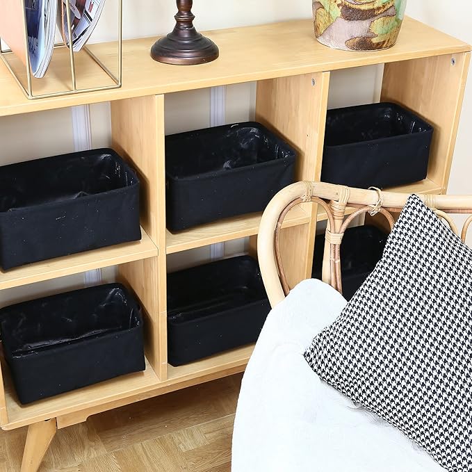 Hinwo 6-Pack Small Canvas Fabric Storage Baskets Set with Handles, Open Bins, Cube Organizer, Shelf Organizer Bins for Closet, 7.9L, 12 x 8 x 5 Inches (Black)