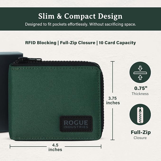ROGUE WALLET Interior Genuine Leather Wallets for Men - RFID Blocking Robust Outer Nylon Wallets - Full Cash Slot and Expandable Coin Pouch - Gift for Men (Green)
