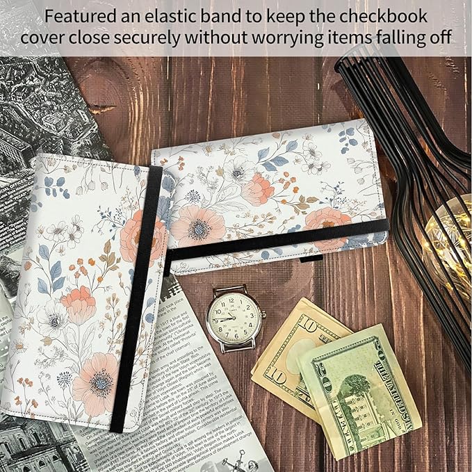 FUYOCWE Leather Checkbook Cover for Men Women Checkbook Covers Personal Checks Card Register Holder Wallet W/RFID Blocking & Pen Holder-Elegant Flowers