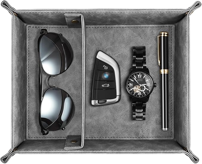 SITHON Valet Tray Desktop Storage Organizer, Removable 2 Compartments Catchall Tray Bedside Vanity Nightstand Caddy Holder Desk Storage Plate (Gray)