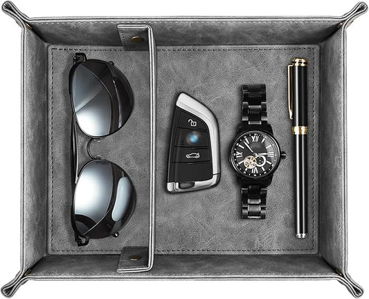 SITHON Valet Tray Desktop Storage Organizer, Removable 2 Compartments Catchall Tray Bedside Vanity Nightstand Caddy Holder Desk Storage Plate (Gray)