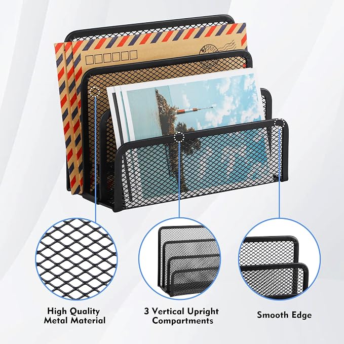 EASEPRES Desk Mail Organizer, Office Small Desktop Metal Mesh Envelope Letter Sorter Paper File Holder Organizer with 3 Vertical Upright Compartments, Black 2 Pack
