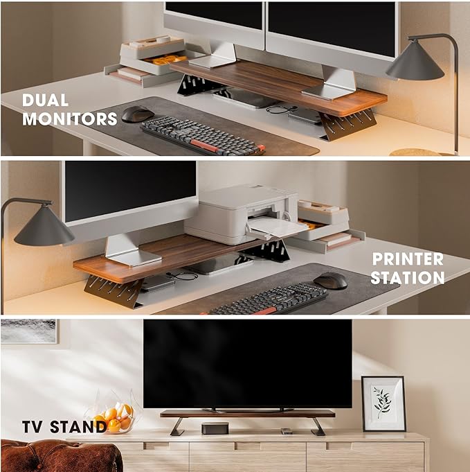 Fenge Monitor Stand Riser, Desk Top Shelf for 2 Monitors, Computer Stands for Desk, Wood & Steel Desktop Riser for Laptop, PC, Printer