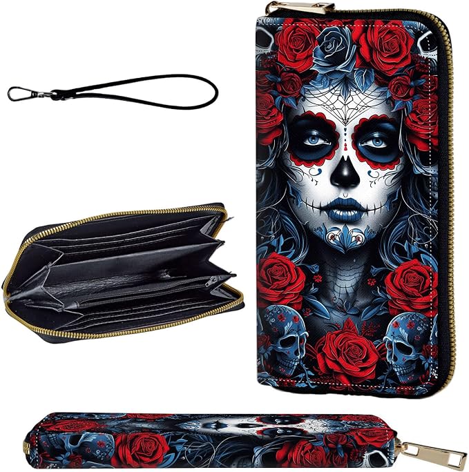 Wallet,Leather Long Wallet Suitable For Ladies And Teenagers - Detachable Wristband + RFID Travel Wallet With Card Slot - Sugar Skull Woman