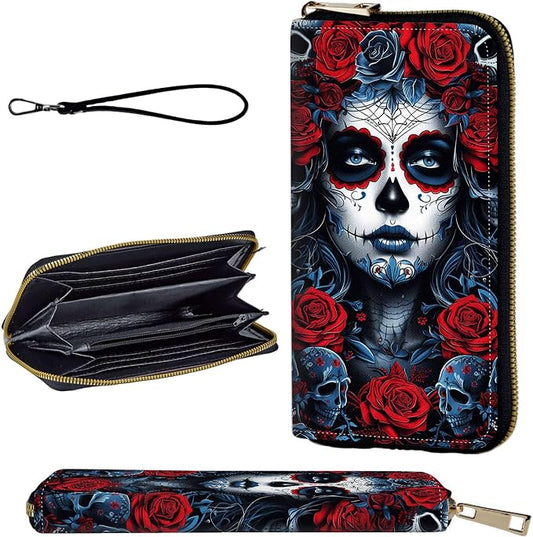 Wallet,Leather Long Wallet Suitable For Ladies And Teenagers - Detachable Wristband + RFID Travel Wallet With Card Slot - Sugar Skull Woman