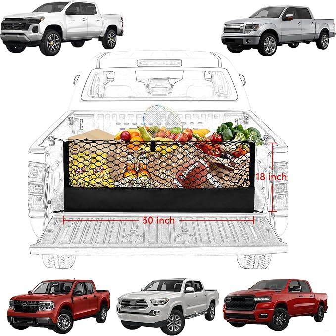 Envelope Truck Bed Cargo Net for Pickup & SUV Universal Compatible with Ford F150 & Maverick, Toyota Tacoma, Chevy Silverado, GMC Sierra Accessories Mesh Storage Tailgate Net with Metal Hooks 50 x 18