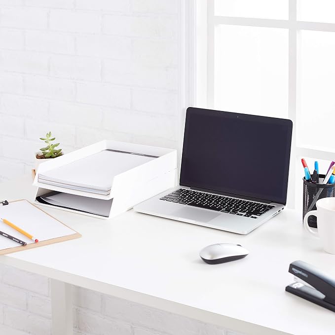 Amazon Basics Rectangular Plastic Desk Organizer, Letter Size Tray for Documents, 13 x 9.7 x 2.2 inches, White, 2-Pack