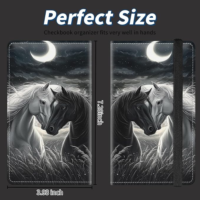 Check Book Cover for Personal Checkbook with Duplicate Checks for Women's & Men PU Leather Wallets Check Book Holder with Pen Card Slots Elastic Strap,Dark Horse White Horse