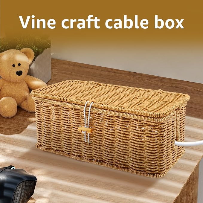 Cable Management Box with Lid, Handwoven Imitation Rattan Power Strip Hider Organizer for Computer Router USB Hub & Power Strip, Desktop Cord Organizer Box for Home Office DIY-Friendly Cord Management