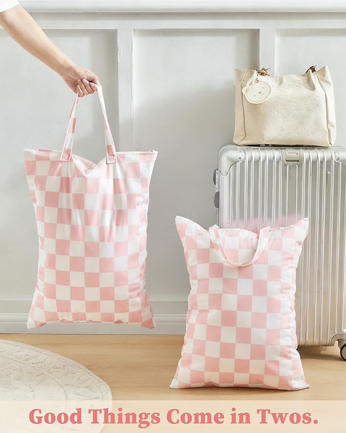 Ohocut Pink Checkered 2 Pcs Large Travel Laundry Bags for Dirty Clothes, Aesthetic Trendy Waterproof Washable Laundry Bag with Handle for Girls Women, Travel, Gym, Swimming Pool