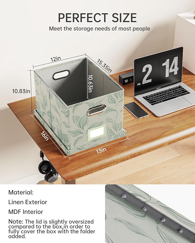 Oterri File Organizer with Lid, File Box, File Cabinet for Letter File Folder Storage, Hanging File Organizer for Office/Decor/Home,Document Organizer, 1 Pack,Leaf Gray-Box Only