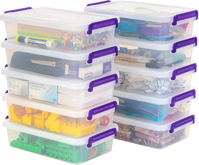 IRIS USA 3 Qt. Plastic Craft Storage Container Bins with Lids, 10 Pack, Small Art & Office Supply Organizer Tote, Sensory Bins & Boxes for Home & University, Stackable, Secure Latch Buckles, Clear