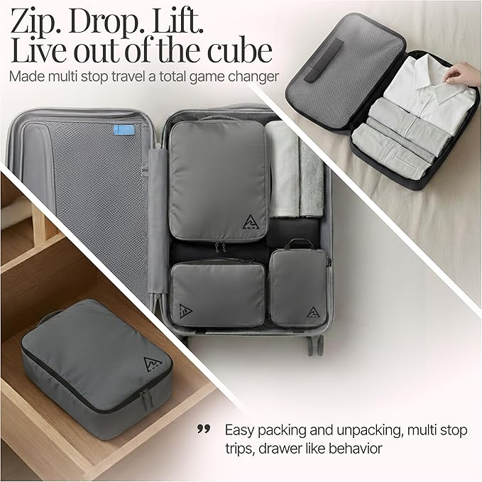 Well Traveled 8 pcs Compression Packing Bags Cubes Set with HybridMax Double-Capacity Design - Packing Cubes for Travel Compression to Maximize Limited Luggage Space, Grey