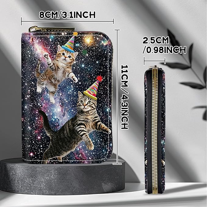 Cute Credit Card Holder with Zipper, Cats Galaxy Nebula RFID-Blocking Card Case Small Wallet for Women Men, Multi-slot Card Organizer Case Travel Accordion Wallet