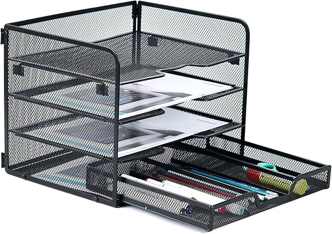 SETTFRFE 4-Tier Metal Desk Organizer-Paper Letter Tray with Drawer,Black | Desktop File Organizer with 2 Sliding Trays & 1 Drawer,Office Supplies Organizer and Storage for Office,Classroom,Home