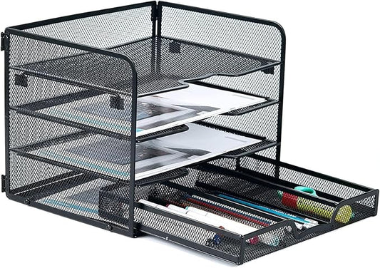 SETTFRFE 4-Tier Metal Desk Organizer-Paper Letter Tray with Drawer,Black | Desktop File Organizer with 2 Sliding Trays & 1 Drawer,Office Supplies Organizer and Storage for Office,Classroom,Home