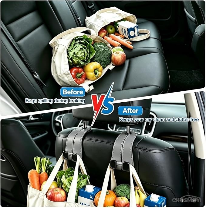 CHOSMOYI Leather Car Purse Hook for Headrest, 2 Pack Seat Back Organizer for Handbags, Groceries & Essentials, Heavy Duty Car Accessories (Grey)