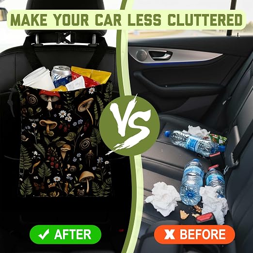 Car Trash Bag Vintage Mushrooms Berries Waterproof Car Trash Bag Hanging Leakproof Car Garbage Bag Washable Reusable Trash Bag For Car Interior Hanging Organizer Storage Vehicle Travelling Camping