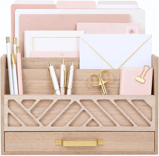 BLU MONACO | Wooden Mail Organizer with Drawer and Gold Handle | Outgoing Mail Holder and Letter Sorter for Desk | Natural Wood Desktop Paper Organizer