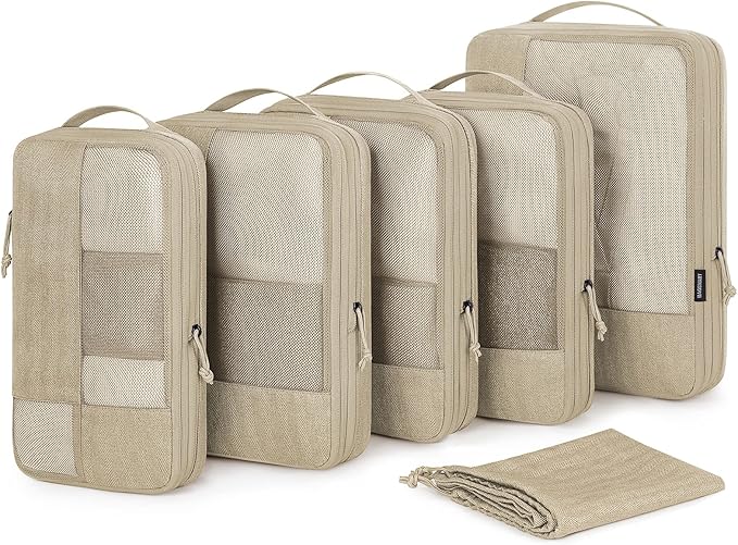BAGSMART Compression Packing Cubes, Durable Travel Packing Cubes for Carry-On Suitcase, Lightweight Compressible Luggage Organizer Cruise Ship Travel Essentials, 6-Pack 1L+3M+1S+Shoe Bag, Khaki