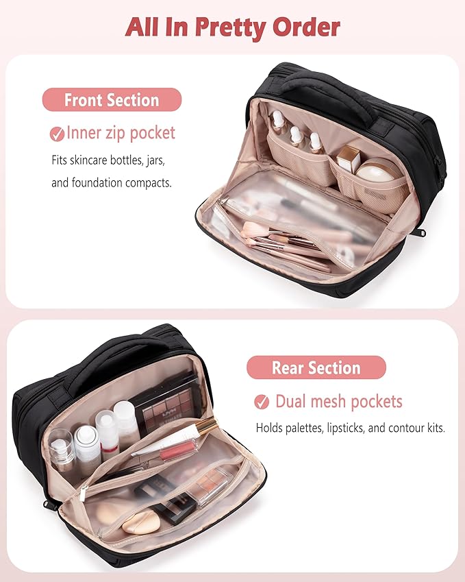 Marscamd Travel Makeup Bag for Women, Puffy Cosmetics Organizer with Waterproof Pockets, Toiletry Pouch for Makeup Brushes, Skincare & Travel Essentials, Black (Bag Only)