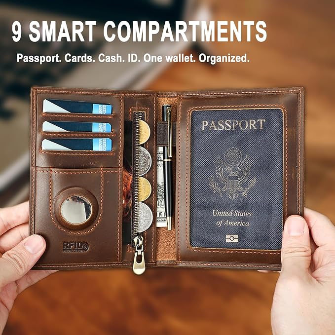 HIDO RFID Passport Holder for Men, Slim Leather Travel Wallet with Airtag Slot & RFID Blocking