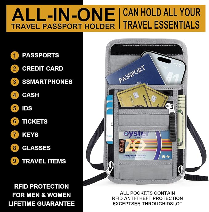 Travel Neck Wallet with RFID Blocking & Passport Holder - Large Capacity Hidden Pouch for Phone, Cash, Cards, ID | Slim Fit, Anti-Theft Organizer for Airports, Sightseeing
