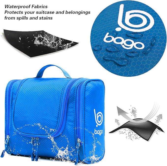Bago Travel Toiletry Bag for Women and Men X-Large Waterproof Hanging Large Toiletry Bag for Bathroom and Travel Bag for Toiletries Organizer -Travel Makeup Bag (Blue)