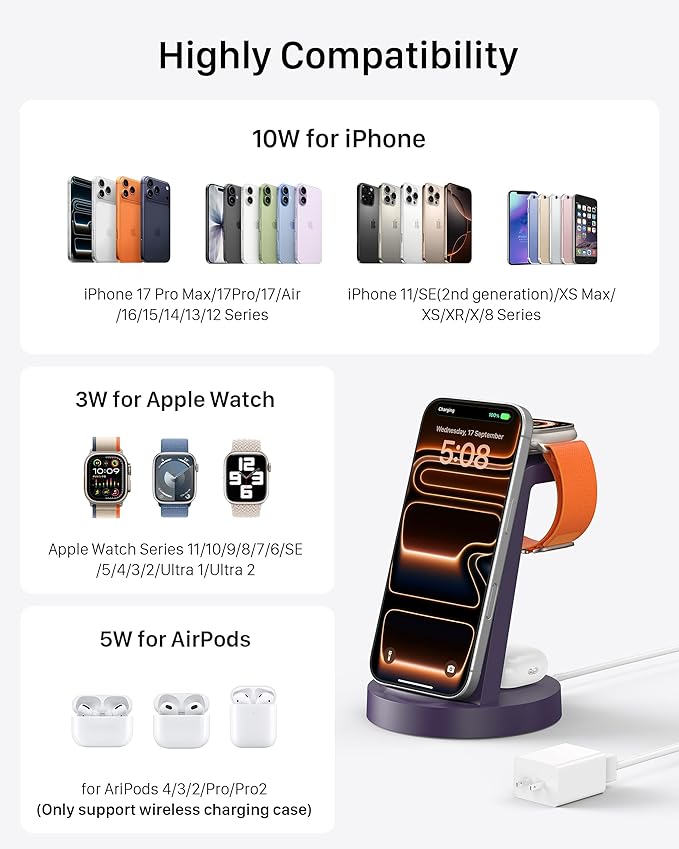 Anlmz 3 in 1 Charging Station for iPhone - Wireless Charger for Apple Products Multiple Devices - Charging Dock Stand for AirPods (for iPhone 17 16e 16 15 14 13 pro 12 11 X Max)