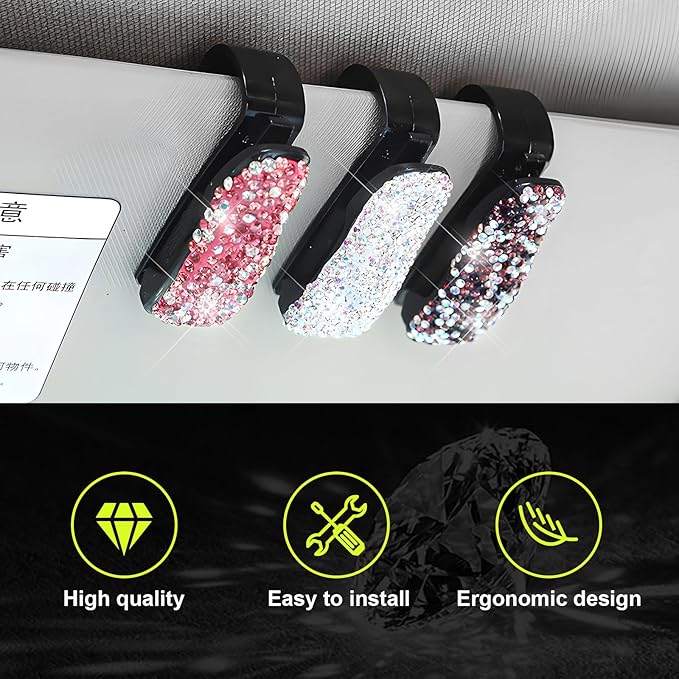 Dickno 2 PCS Bling Sunglasses Holder for Car Sun Visor, Crystal Rhinestones Eyeglasses Hanger Mount with Ticket Card Clip, Universal Vehicle Visor Decor Accessories for Women (Light Blue)