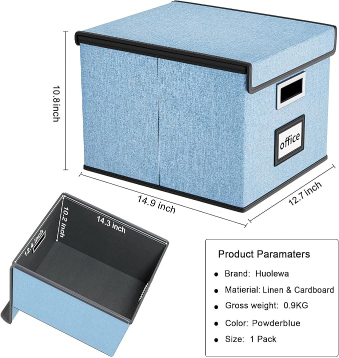 File Organizer Box with Lid, Collapsible File Folder Organizer for Office Document Storage, Filing Box with Plastic Slide for Letter Size Hanging File Folders(1 Pack, Powderblue)