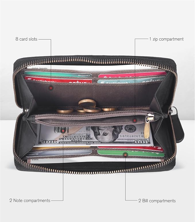 Oak Leathers Leather Wallet for Women - RFID Womens Wallet Clutch with 8 Credit Card Holder, Coin Pocket, Gift for Women’s, Ladies Purse (Hunter Embossed Black)
