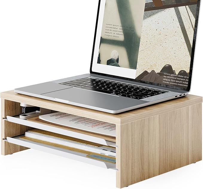 Fenge Monitor Stand, 3-Tier Monitor Riser with Slide-Out Tray, Wooden and Metal Desktop Organizer for Home Office, Computer, Laptop, Printer, Telephone