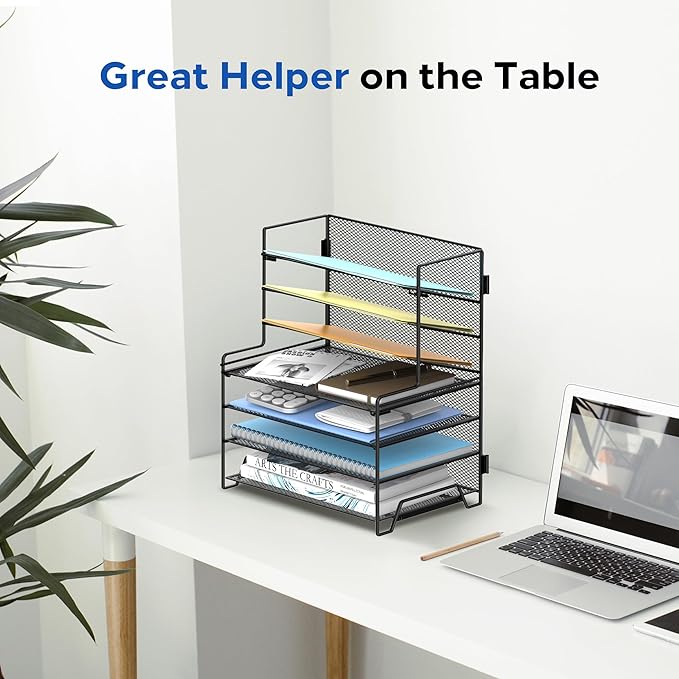 SUPEASY 7 Tier Desk File Organizer, Mesh Letter Tray Paper Organizer with File Holders, Metal Desktop Organizers and Accessories for Home Office Supplies, Black