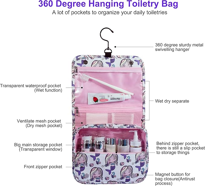 Eudora Hanging Travel Toiletry Bag for Women and Girls, Teenage Waterproof Bathroom Bag, Cute Glitter Mermaid Shower Cosmetic Bag with Large Capacity and 360 Rotatable Hook (Pink)