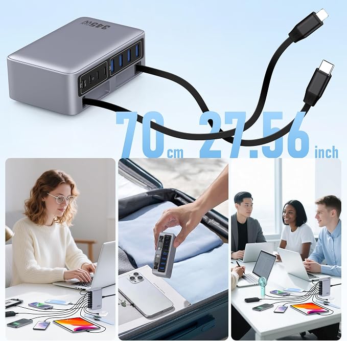 345W USB C Charger 10 in 1 Retractable Wall Charger with 2 Cables,GaN 6 USB C Charging Station Phone Charging PD Laptop Charger Adapter for MacBook Pro/Air,DELL,iPhone17/16/15,Galaxy S24,Android etc