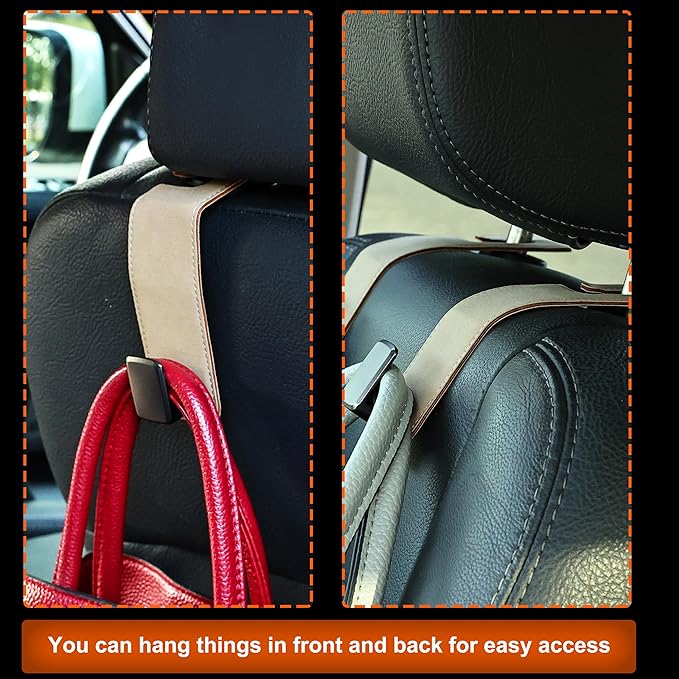 Car Seat Back Hook Metal with Suede Universal Vehicle Headrest Hangers Interior Storage Organizer for Purse Handbag Coat Grocery Bags 2 Pack Beige