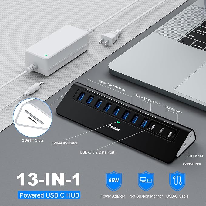 Powered USB Hub 10Gbps, Intpw YH9AC Plus 13-Port USB 3.2 Hub(USB A/USB C 3.2+6 USB-A 3.0+2 PD 45W Fast Charging Ports+SD/TF Card Reader), 65W Power Adapter,Aluminum USB HUB for PC,Laptop,iPhone 17/16