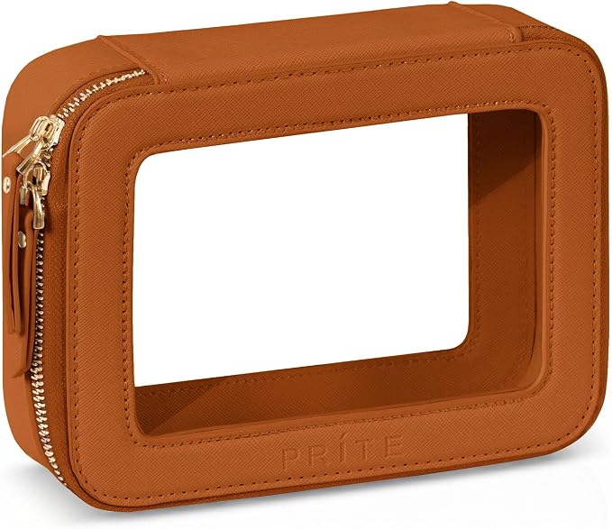 Prite Clear Makeup Bag Cosmetic Organizer Case Waterproof Travel Toiletry Bag Skincare Pouch with Golden Zipper(Brown)