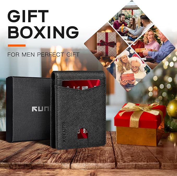 RUNBOX Wallet for Men Slim Leather Bifold RFID Blocking Minimalist Front Pocket Design with Gift Box