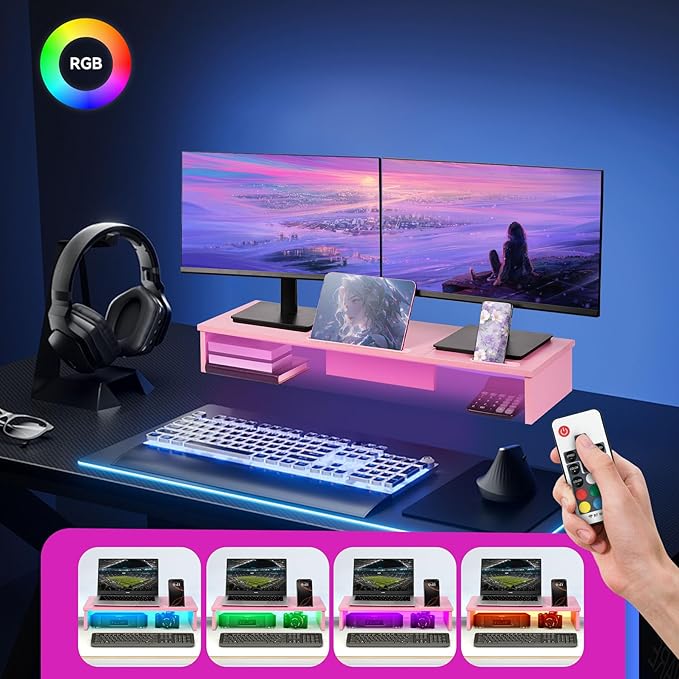 TV Riser Stand with LED Lights, 42.5in Super Large Monitor Stand with Phone Tablet Holder, Tabletop TV Stand Riser for Desk, Desktop Organizer for Computer, TV, Laptop, Printer