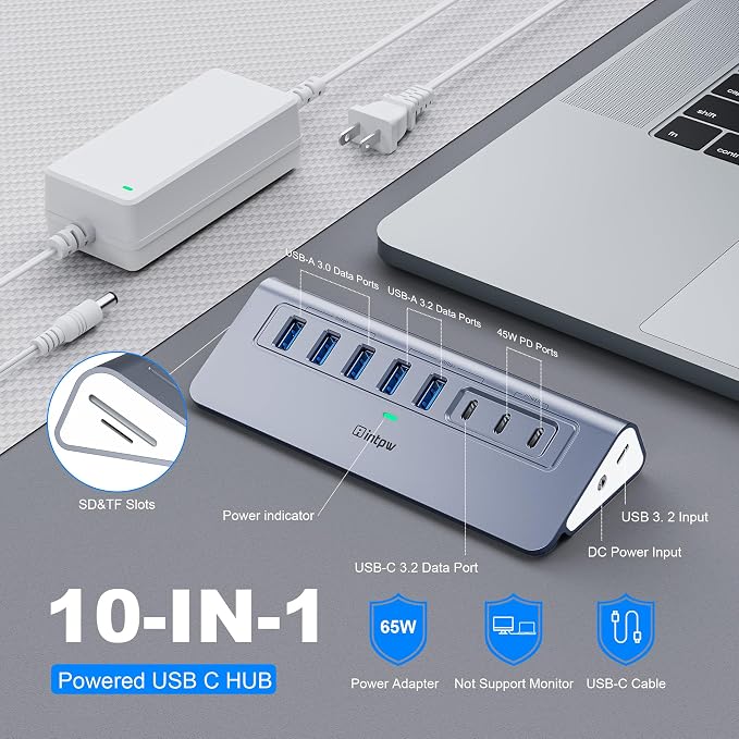 Powered USB Hub 10Gbps, Intpw YH6AC Plus 10 Port USB 3.2 Hub(USB A/USB C 3.2+3 USB-A 3.0+2 PD 45W Fast Charging Port+SD/TF Card Reader), 65W Power Adapter,Aluminum USB HUB for PC,Laptop,iPhone 17/16